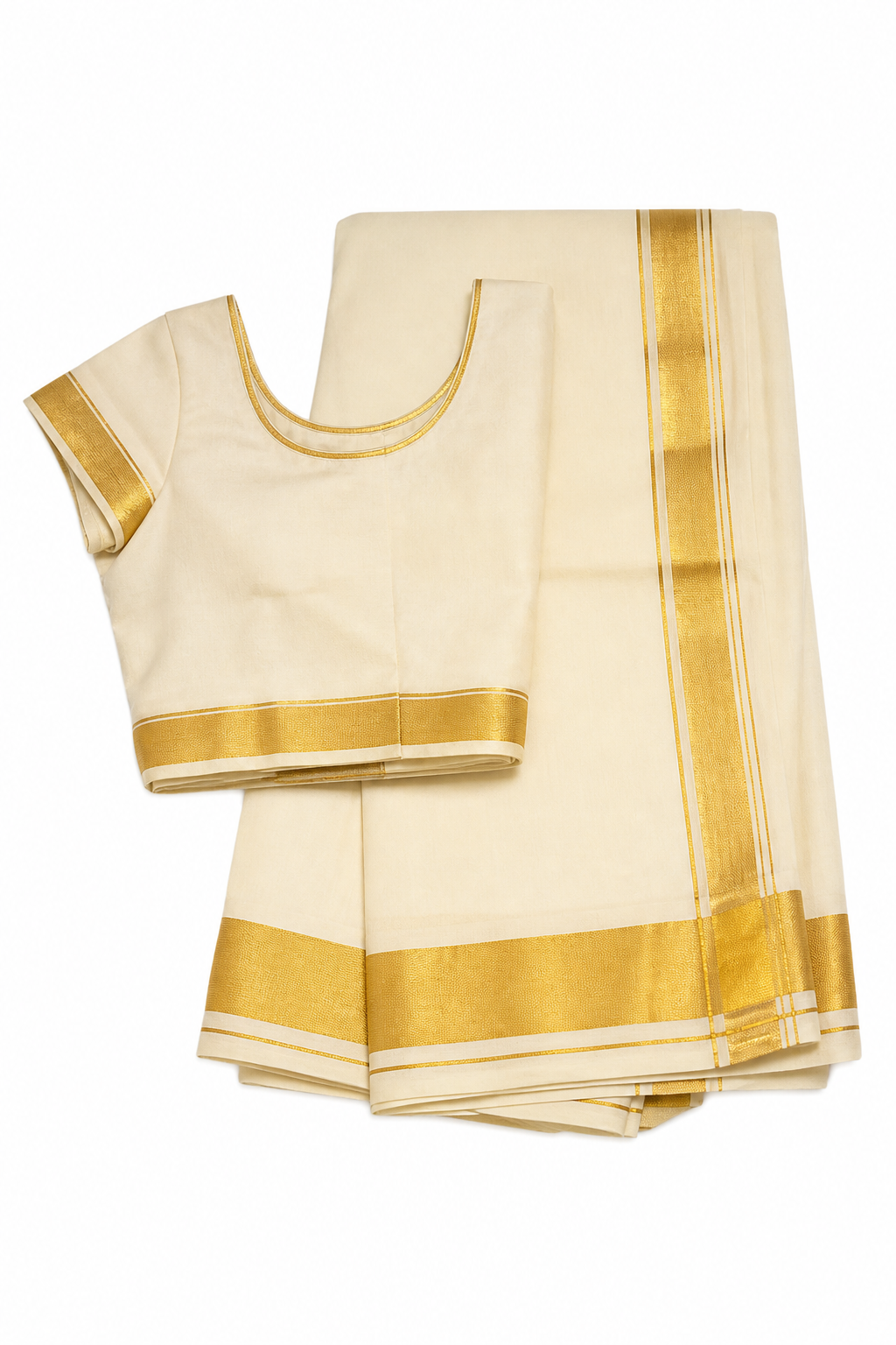 Cream and gold kasavu half saree, also called a dhavani