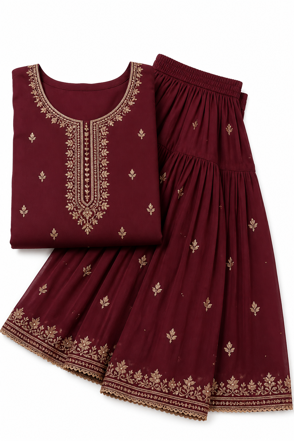 Maroon sharara set with embroidery